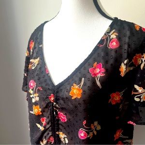 DR2 | Top | XL | Black with Coral Flowers, Swiss dot fabric, front drawstring